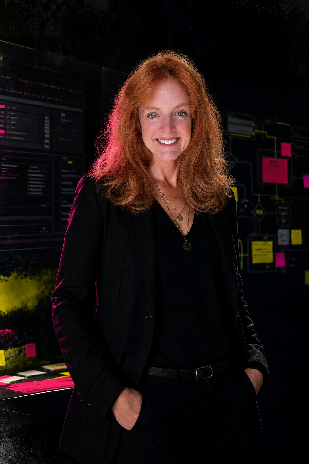 Confident portrait of Annette Thompson in a dark AI workflow studio