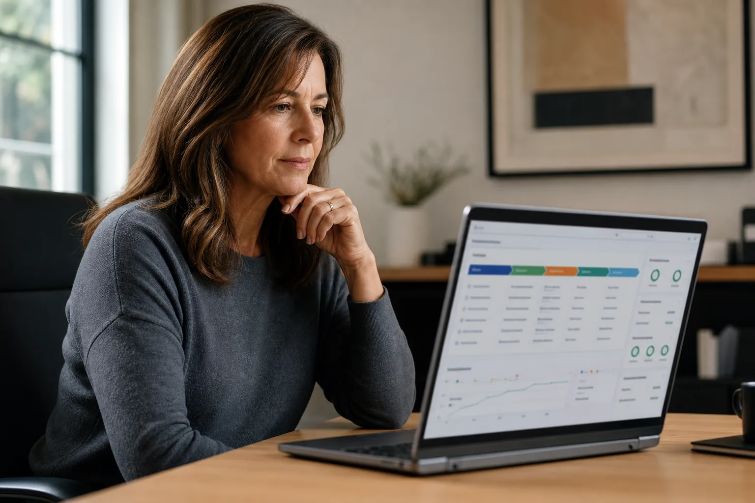 Business owner reviewing an AI workflow dashboard with lead data and automation status
