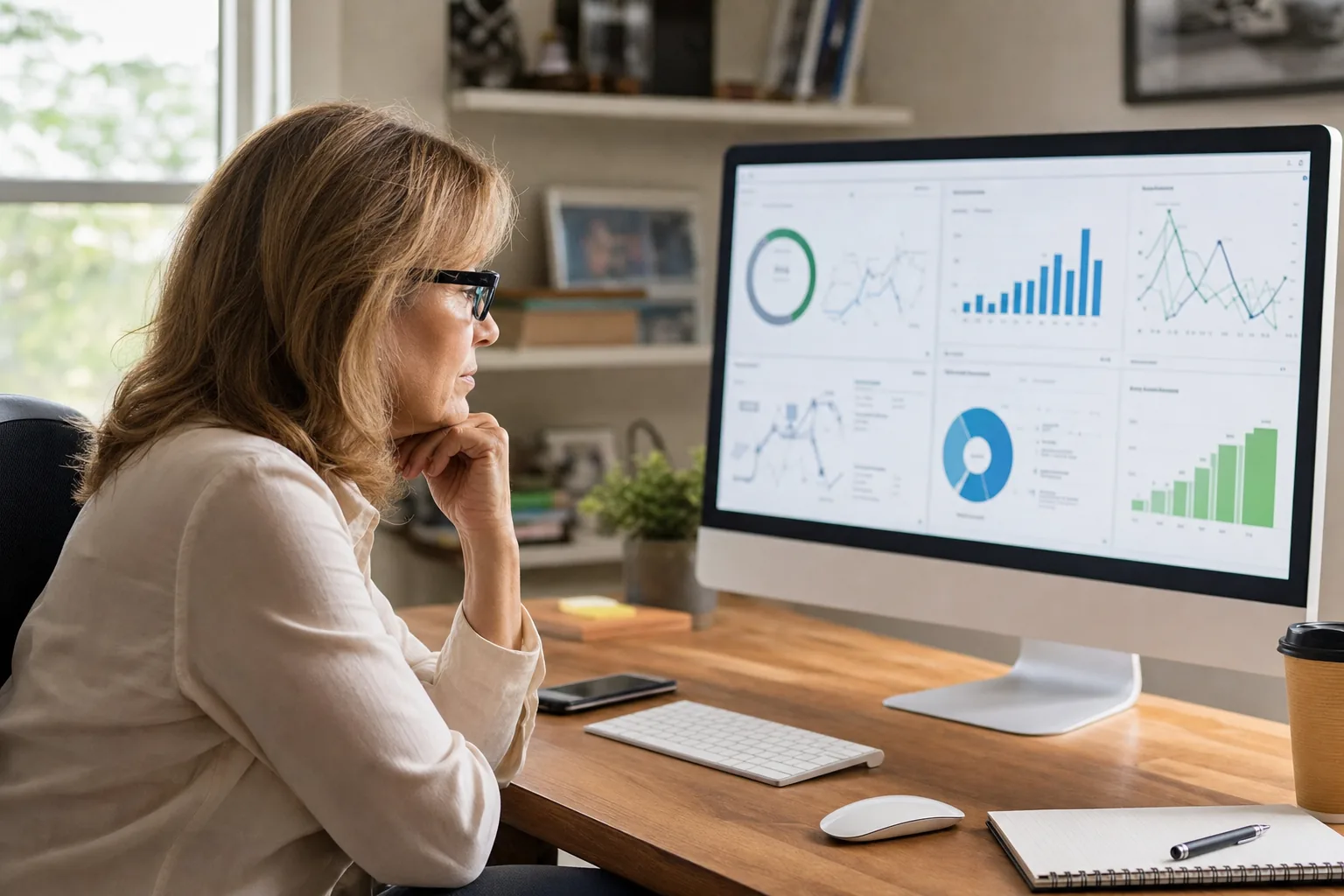 Business operator reviewing a multi-panel dashboard for an agentic AI system