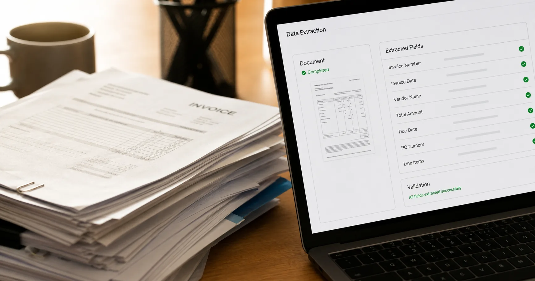 Invoice documents beside a laptop showing an AI data extraction workflow