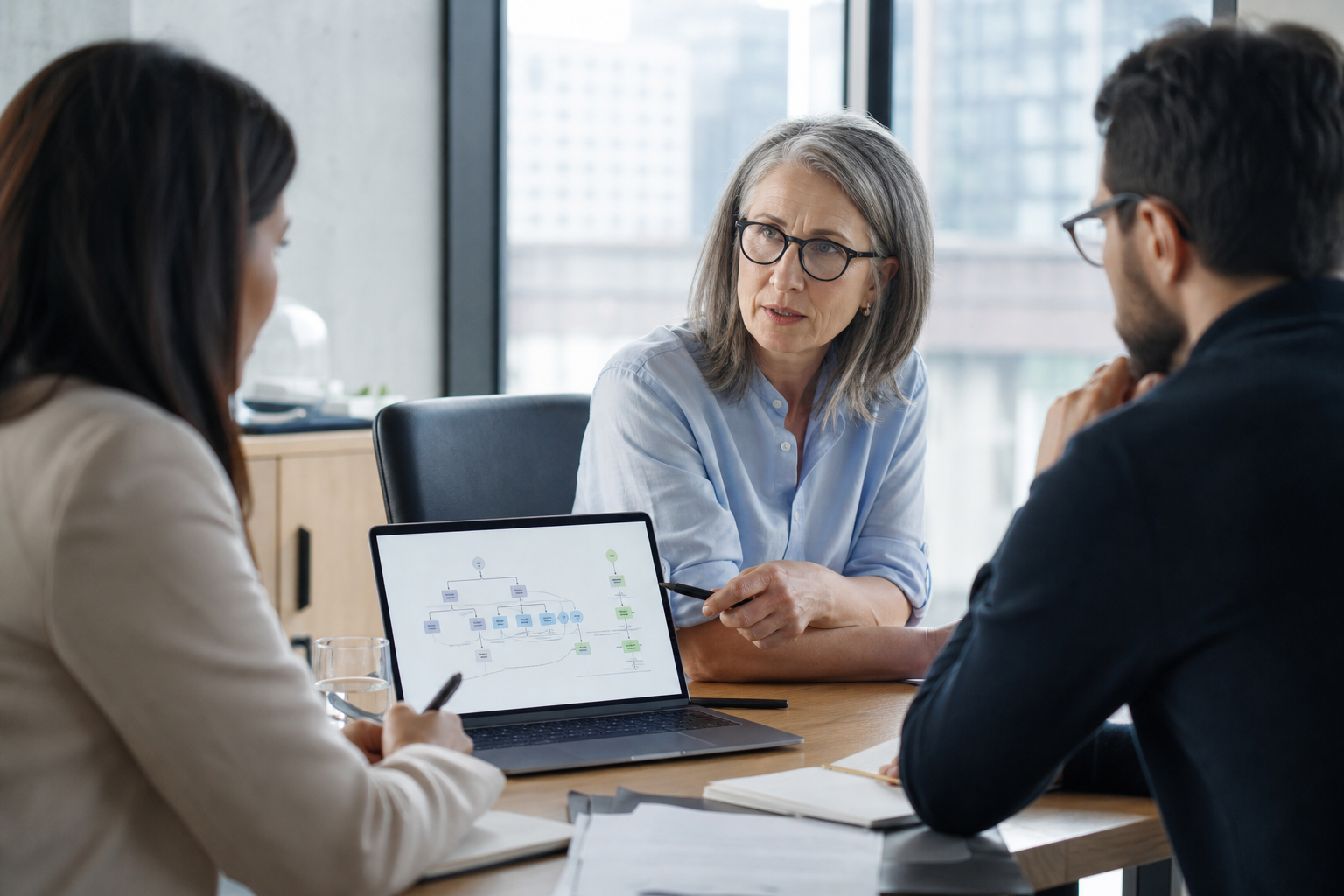 Focused AI consulting meeting where a workflow diagram reveals hidden assumptions