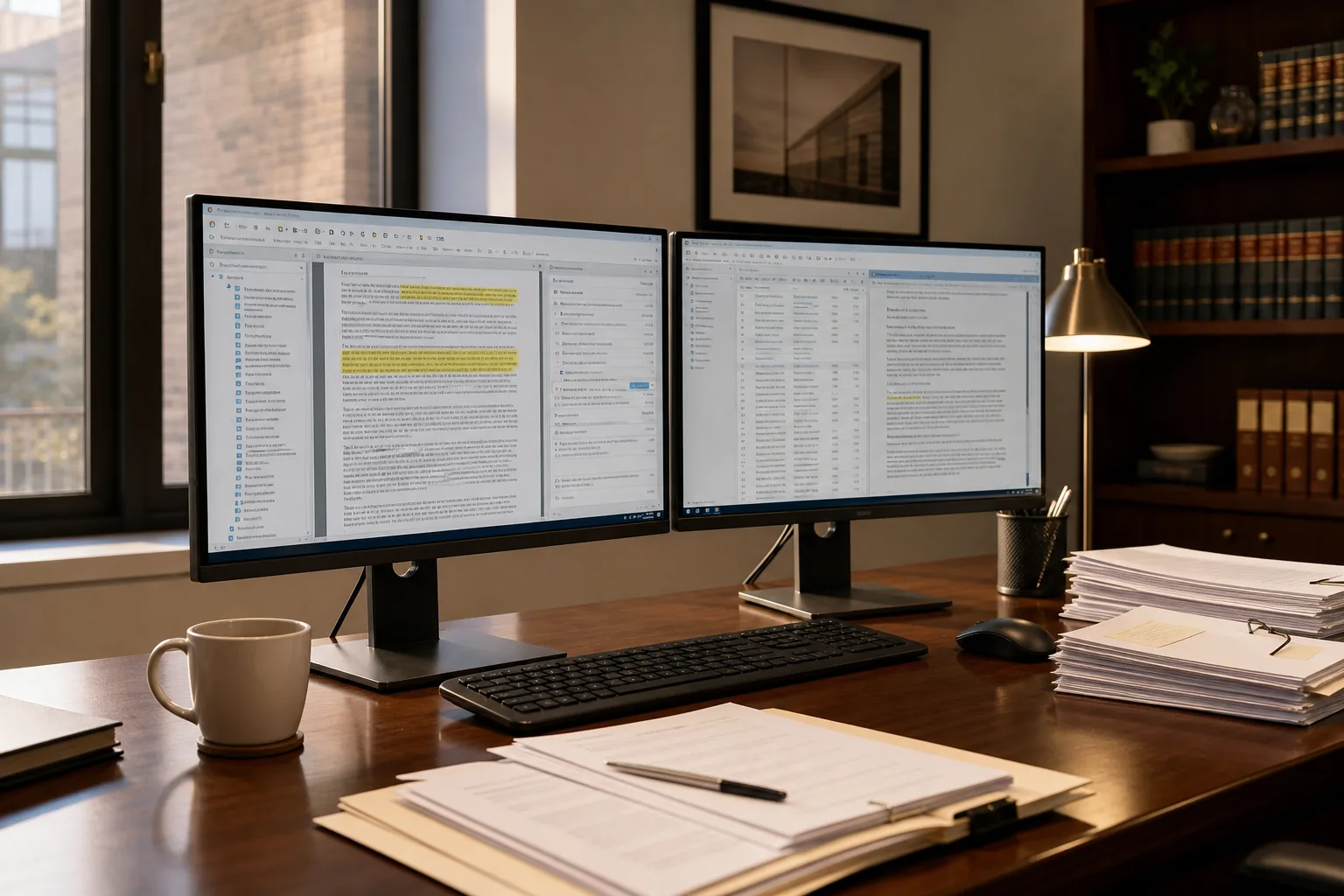 Professional services office desk set up for AI-assisted document review