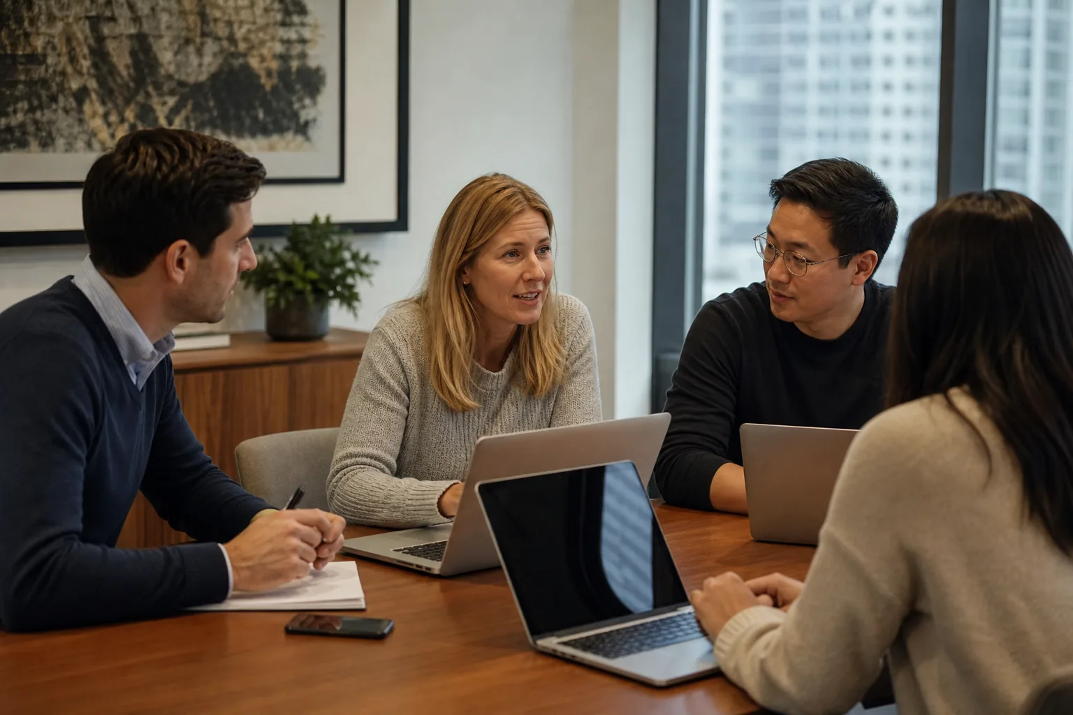 Professional services team discussing AI workflow automation around a conference table