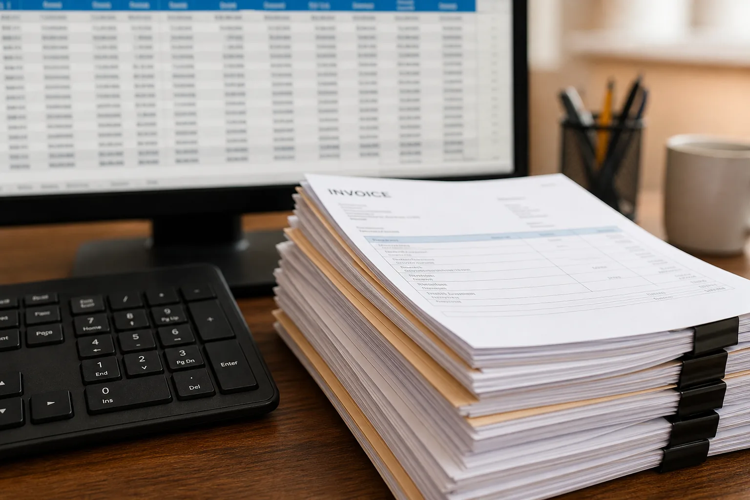 Invoice stack and spreadsheet used for an AI workflow automation ROI example