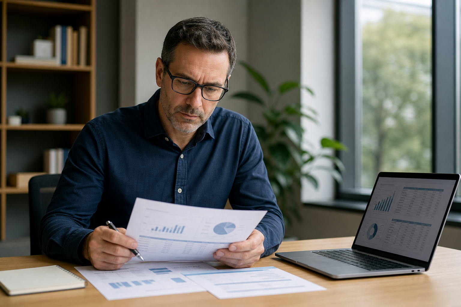 Professional reviewing AI workflow ROI documents and dashboard charts