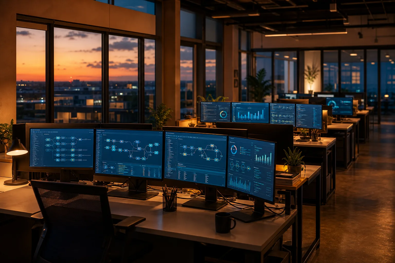 Empty office with dashboards running autonomously to show AI systems working without humans