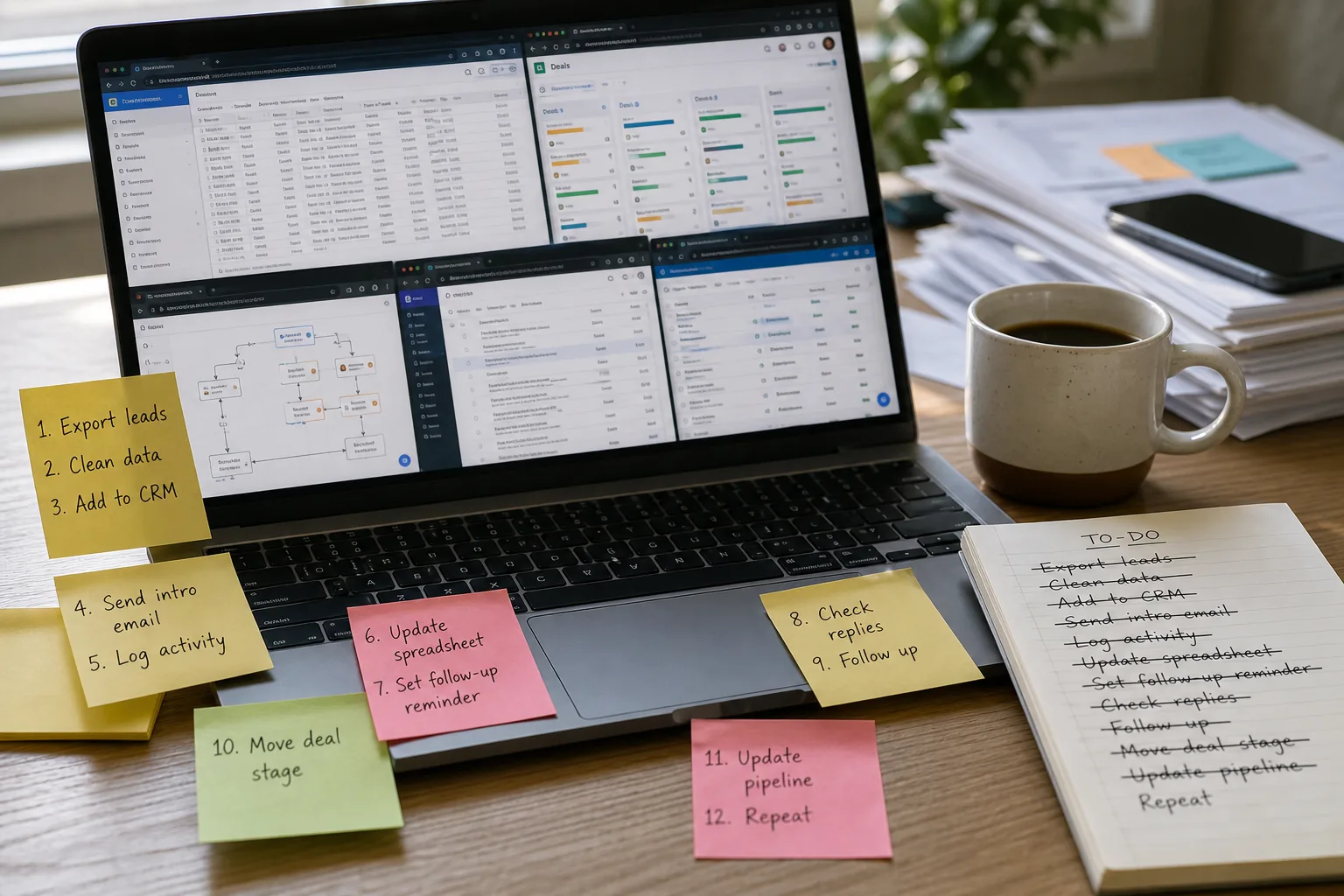Desk with many AI tool browser tabs and sticky notes showing manual workflow overload