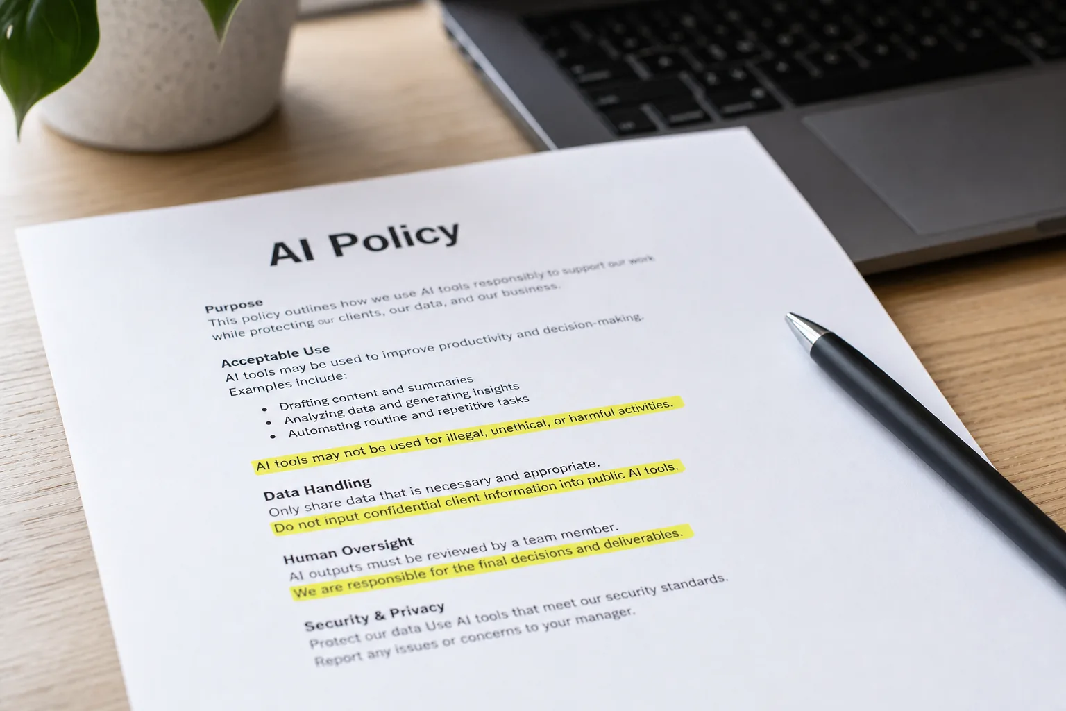 Highlighted one-page AI governance policy for a small business