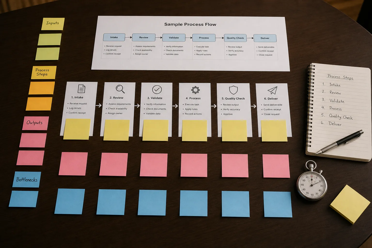 Physical process flow laid out on a conference table for planning an AI automation project