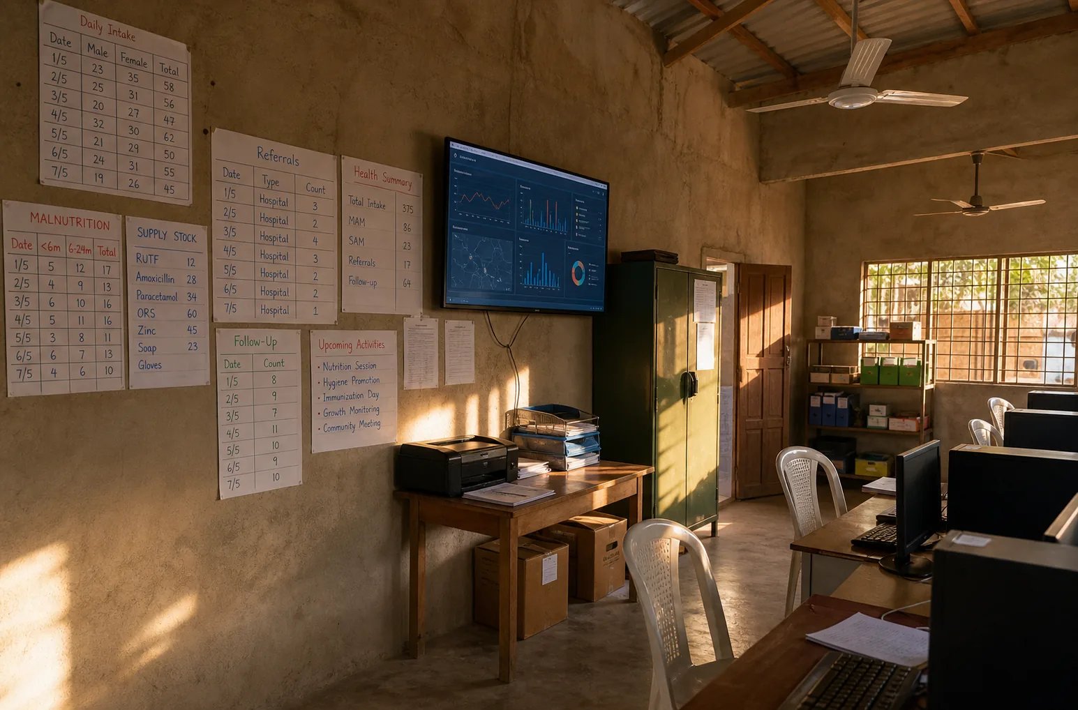 Community health logistics office with paper charts and digital intake data