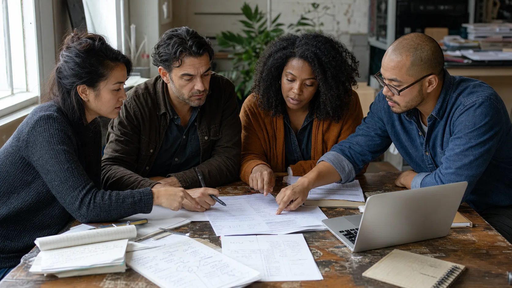 Diverse operations team reviewing intake forms and notes in a practical work setting