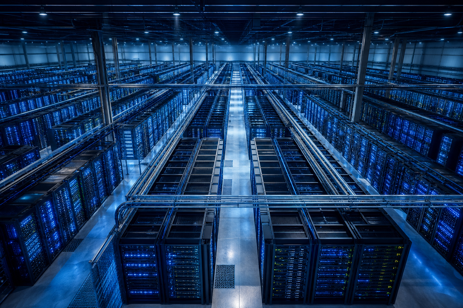 Large data center representing the complexity of moving AI pilots into production