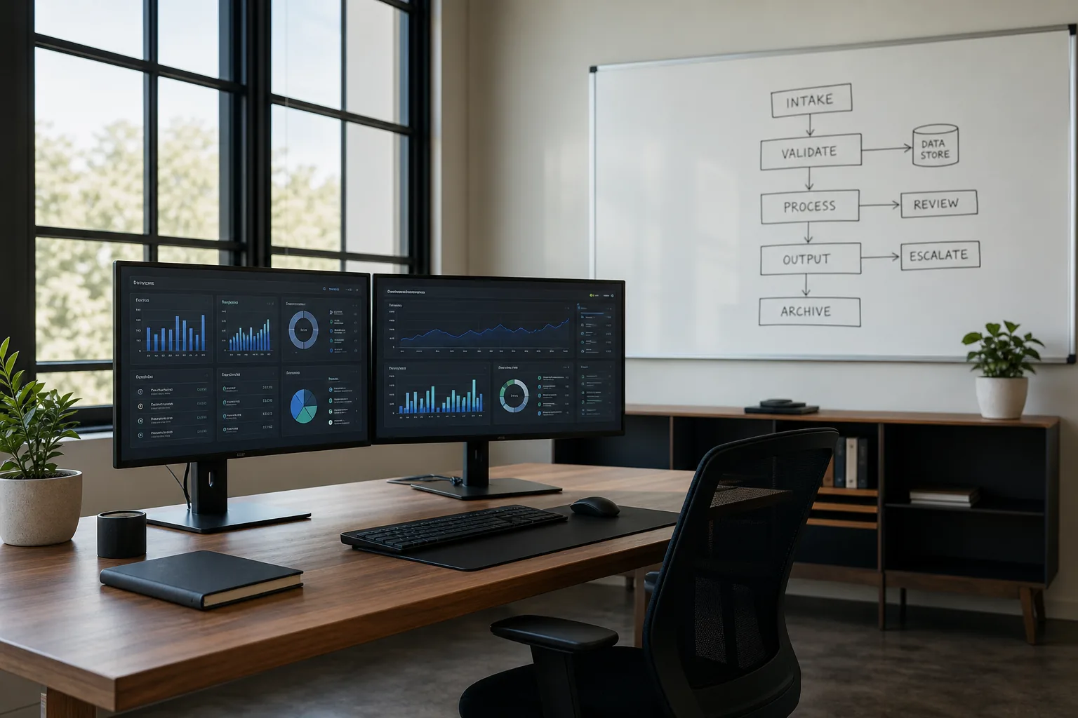 Understated office workspace with AI dashboards and a hand-drawn workflow diagram