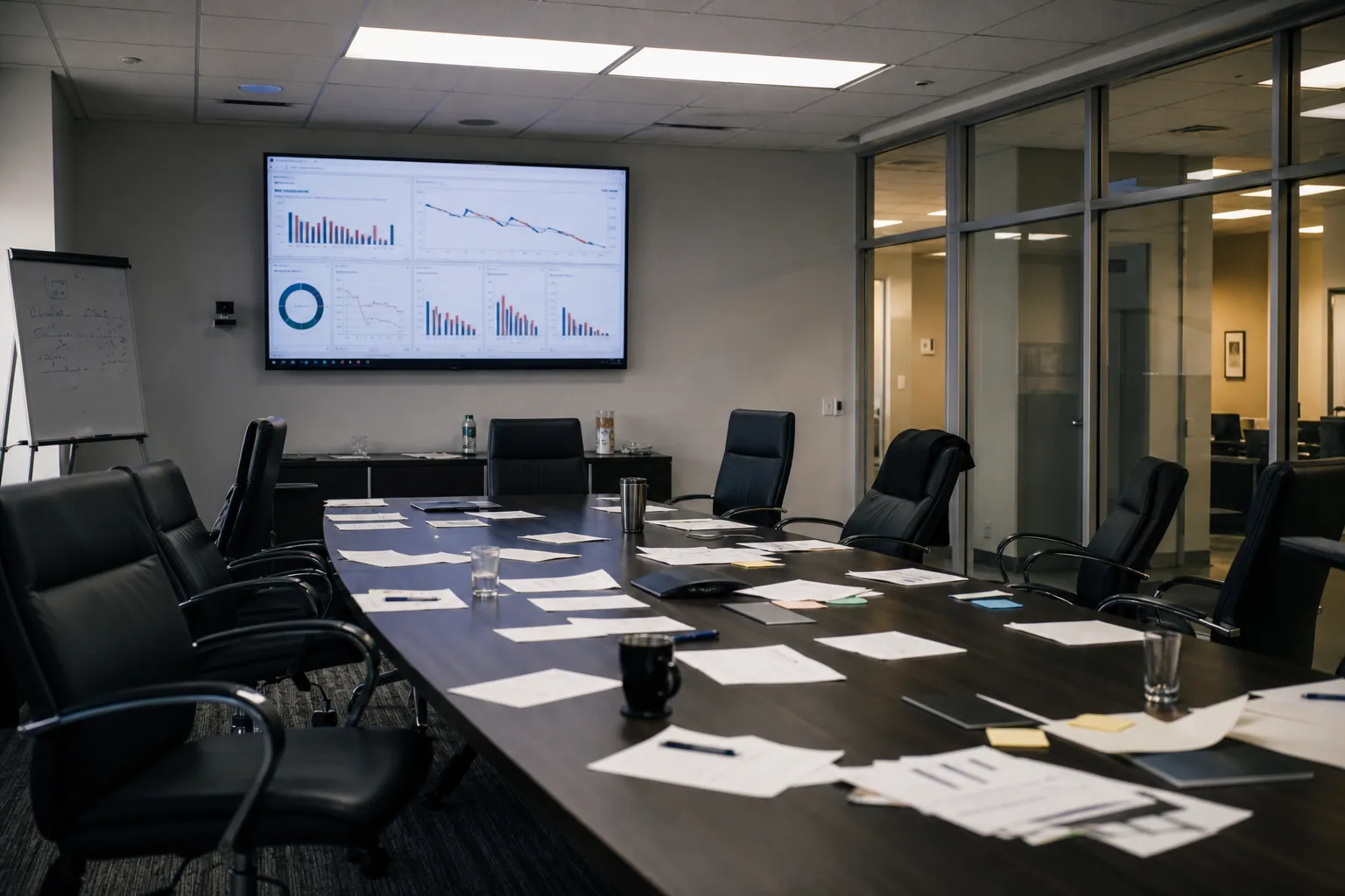 Empty boardroom with declining metrics after an AI project failed to deliver