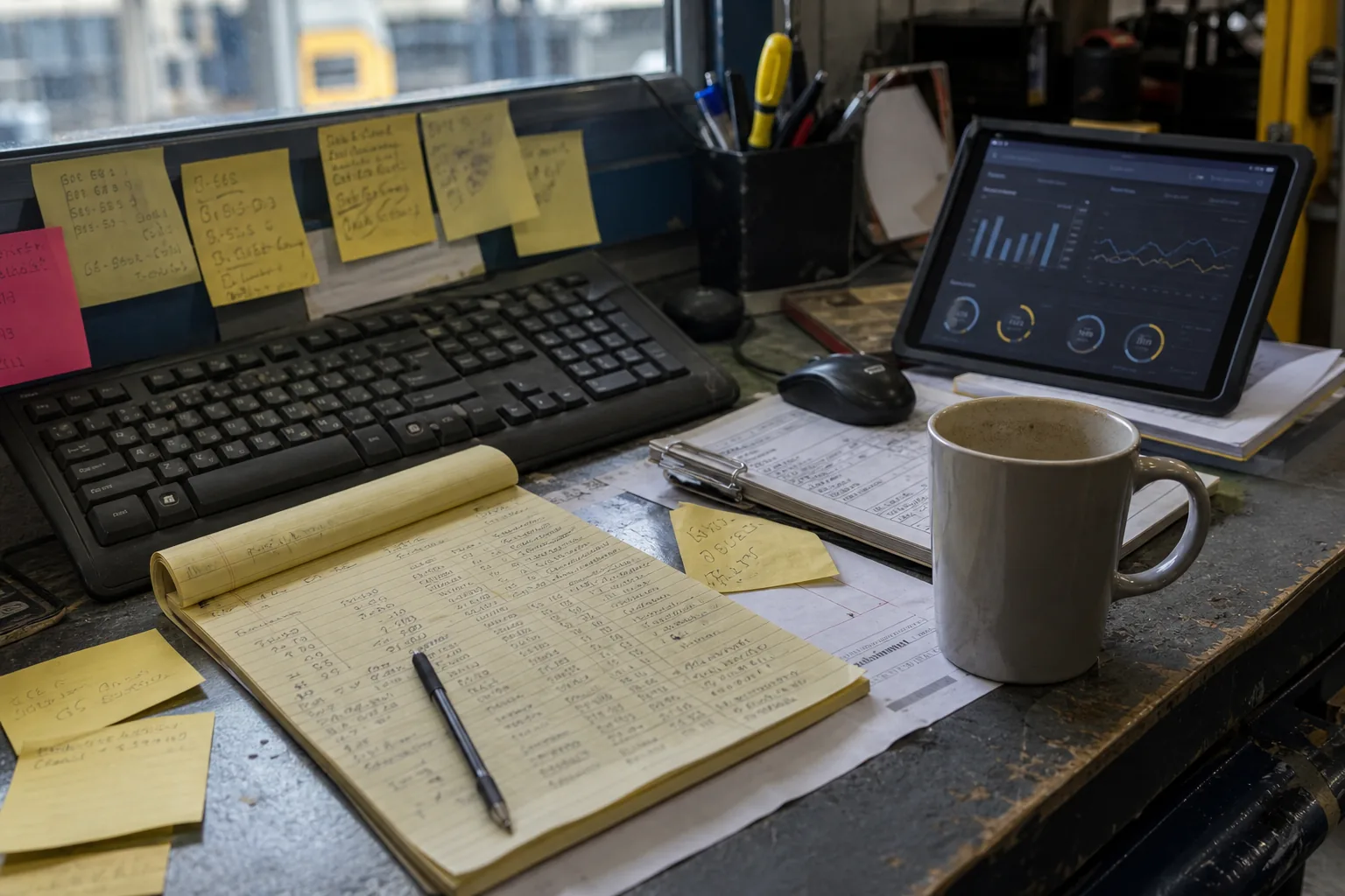Cluttered operations workstation with an unused AI analytics dashboard
